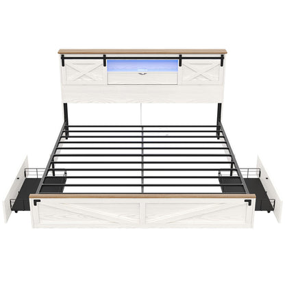 Hasuit Farmhouse Bed Frame King Size with LED Lights and Charging Station, Wooden King Bed with 2 Storage Drawers, Rustic Headboard with Sliding Barn Door Storage Cabinets, White - WoodArtSupply