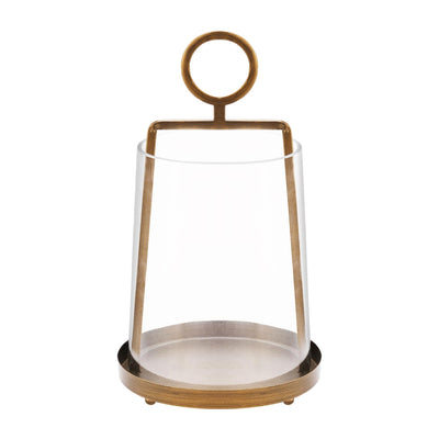 9" Wide Modern Metal Hurricane Lantern with Handmade Sturdy Glass Sleeve in Brass for Pillar Candle & Plants, Farmhouse HurricaneIndustrial, Minimalistic, Shabby Chic (1, Brass, 9"x14")
