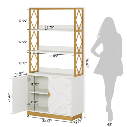 Tribesigns 70.9-Inch White and Gold Etagere Bookcase with Doors – Modern 3-Shelf Storage Solution for Home and Office - WoodArtSupply