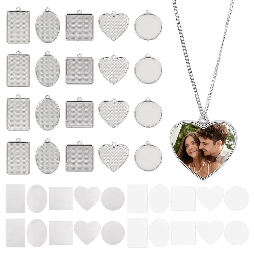 PH PandaHall 20pcs 5 Styles Heat Transfer Pendants, Metal Pendant Blanks Heart/Round Craft Bezel Setting Blank Photo Bezel Charms for Sublimation Bracelets Keychains DIY Jewelry Making