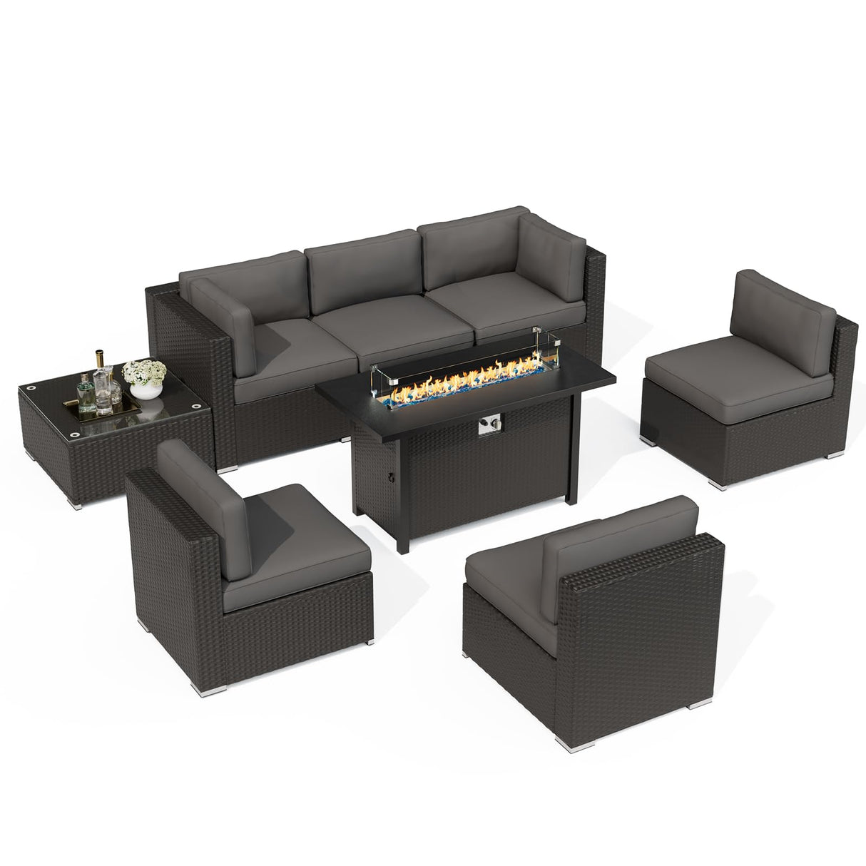 SUNCROWN 7-Piece Outdoor Patio Furniture Sofa Set All-Weather Wicker Sectional Conversation Set with Modern Glass Coffee Table, Cushions and Fire Pit Table (Grey) SUNCROWN
