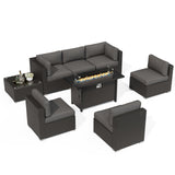 SUNCROWN 7-Piece Outdoor Patio Furniture Sofa Set All-Weather Wicker Sectional Conversation Set with Modern Glass Coffee Table, Cushions and Fire Pit Table (Grey) SUNCROWN
