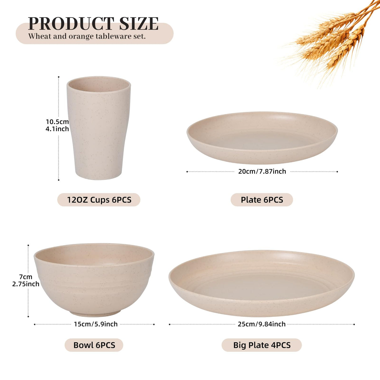 24 - Piece Wheat Straw Dinnerware Set - Plates and Bowls for 6, Unbreakable, Dishwasher & Microwave Safe, Reusable, Lightweight Tableware, Ideal for Camping and Everyday Use (Beige) JZ