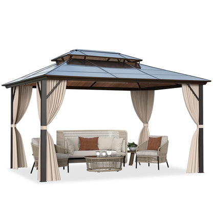 EROMMY 10' x 13' Gazebo Polycarbonate Double Roof Canopy Outdoor Aluminum Frame Pergola, Permanent Pavilion with Netting and Curtains for Garden Patio Lawns Parties - WoodArtSupply