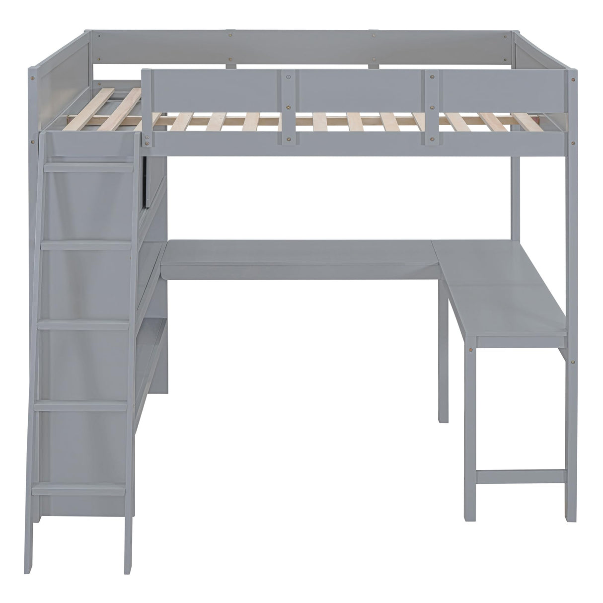 Ibraccieni Full Size Loft Bed with Desk and Shelves, Wood Loft Bed Frame with Ladders and Full-Length Guardrail for Adult, Space-Saving Design, No Box Spring Needed, Gray Ibraccieni