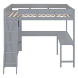 Ibraccieni Full Size Loft Bed with Desk and Shelves, Wood Loft Bed Frame with Ladders and Full-Length Guardrail for Adult, Space-Saving Design, No Box Spring Needed, Gray Ibraccieni