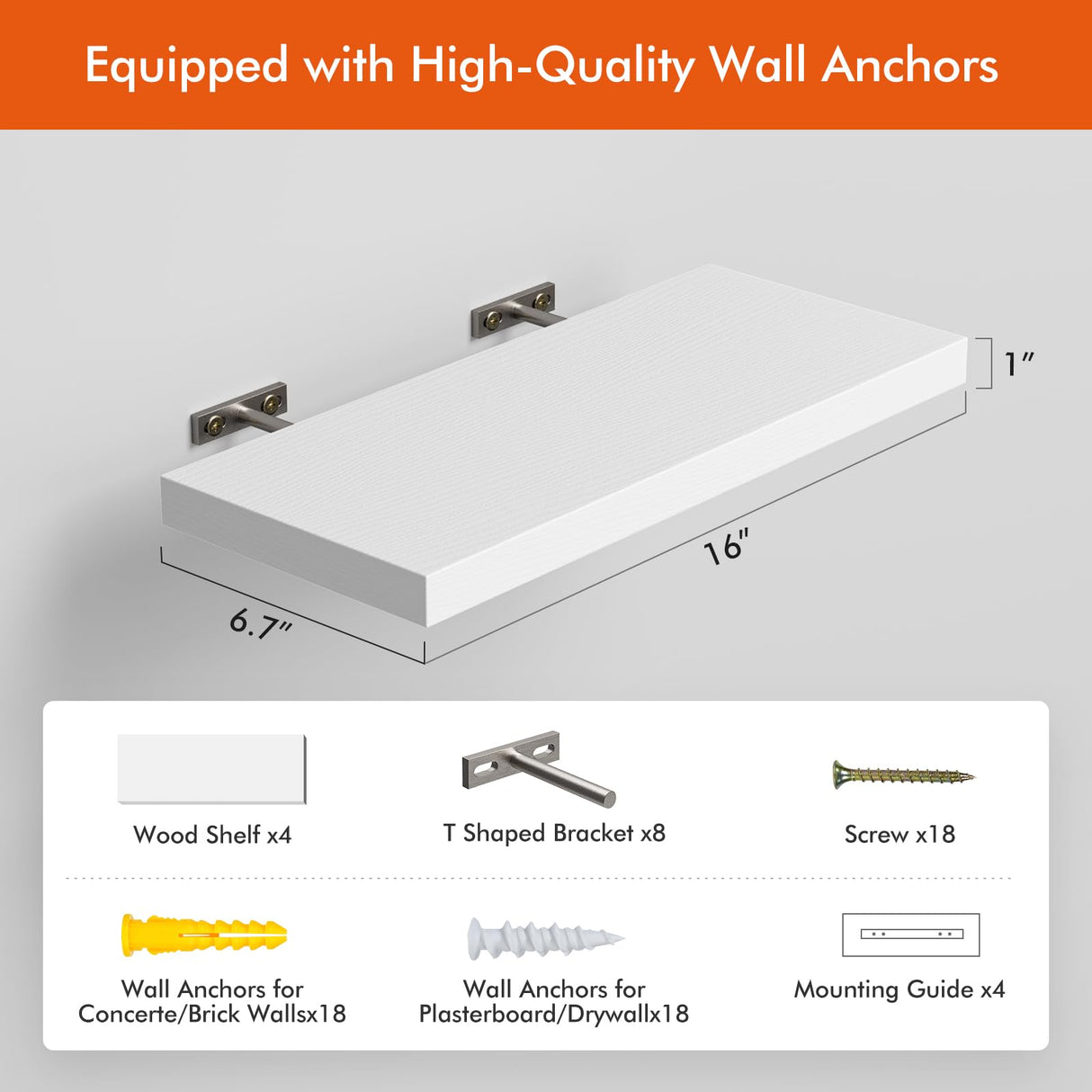 YUFLINX Floating Shelves for Wall,16’’Rustic Wood Wall Shelf for Room Decor/Storage/Display,Small Book Shelf,Wall Mounted Hanging Shelves for Bedroom, Bathroom, Living Room, Kitchen(White,Set of 4) YUFLINX