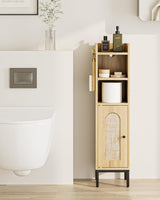 AEPOALUA Bathroom Storage Cabinet, Small Corner Floor Hutch with 2Hooks,Narrow Toilet Paper Cabinet with Rattan Door,Bathroom Organizer with Adjustable Shelf, for Small Spaces,Oak AEPOALUA