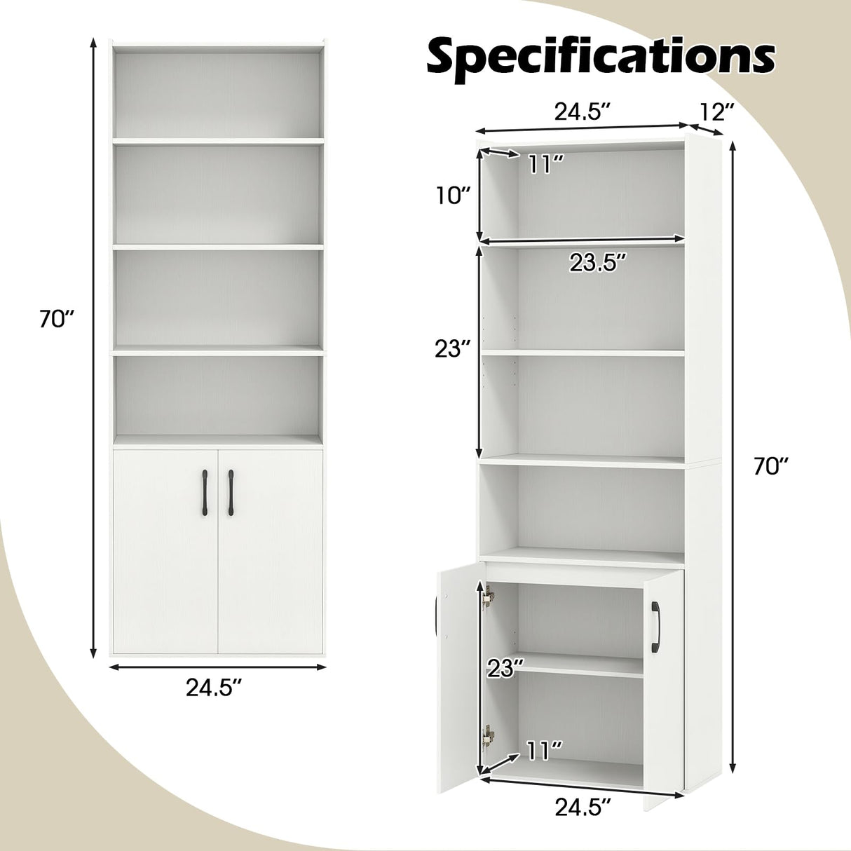Giantex 70" Bookcase with 2 Doors, 6-Tier Modern Bookshelf w/Cabinet, Elegant Storage Cabinet, Adjustable Shelves, Multipurpose Display Rack, Storage Organizer for Living Room Bedroom Study (White) Giantex