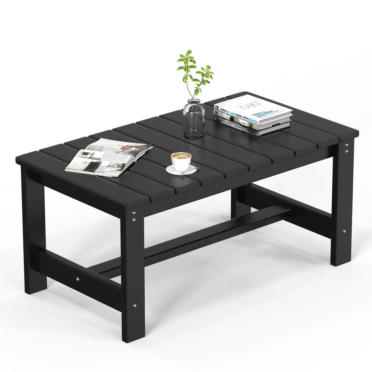 VINGLI Outdoor Coffee Table, HDPE Patio Coffee Table for Outside, All-Weather Rectangle Coffee Table for Deck, Garden, Balcony, Porch, Indoor & Outdoor Use, Black VINGLI