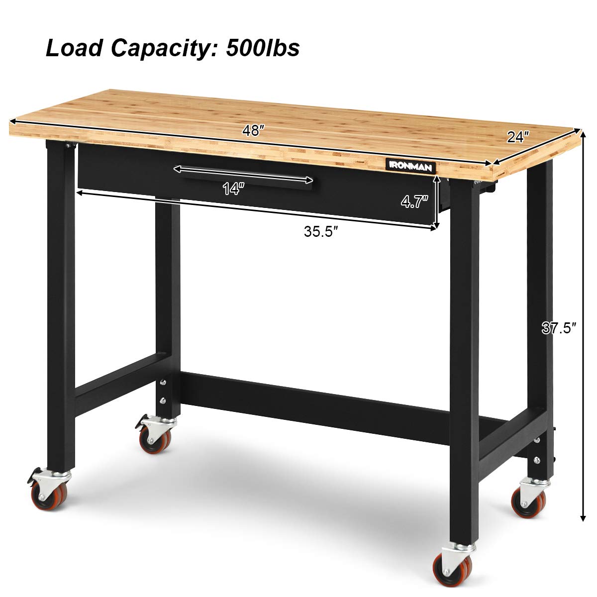 Goplus 48" Mobile Workbench, Bamboo Tabletop Workstation with Two Lockable Casters, Sliding Organizer Drawer, Weight Capacity 500 Lbs, Multipurpose - WoodArtSupply