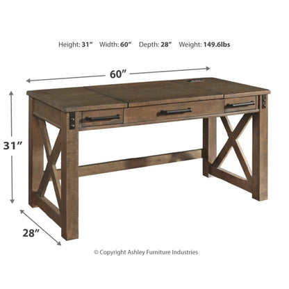 Signature Design by Ashley Aldwin Rustic Farmhouse 60" Home Office Lift Top Desk with Charging Ports, Distressed Gray - WoodArtSupply