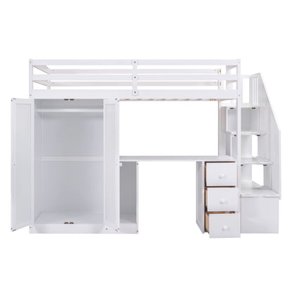 MERITLINE Twin Loft Bed with Desk, Wardrobe, and Storage Stairs - Space-Saving Design for Kids and Teens in White - WoodArtSupply