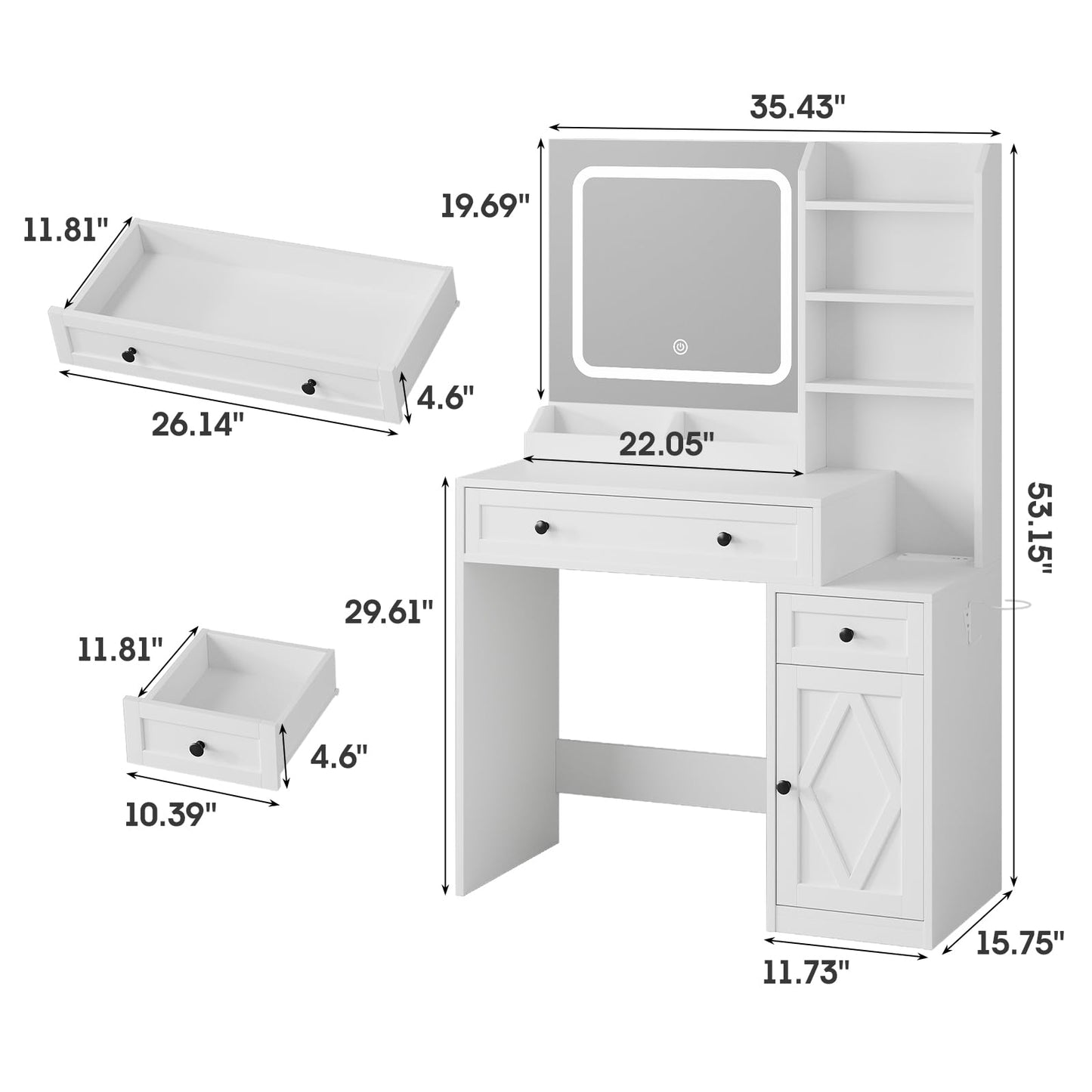 Vabches 35" Vanity Desk with Mirror and Lights, Farmhouse Makeup Vanity with Drawers & Power Outlet, Vanity Table with 3 Color Modes, Vanity Desk for Bedroom, White