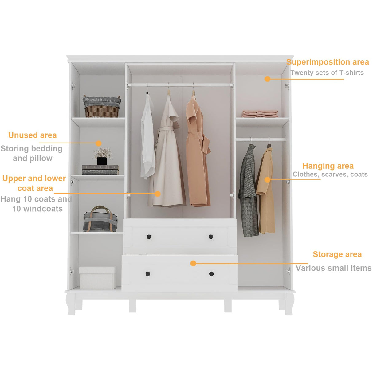 ECACAD 4 Door Wardrobe Closet Armoire with 2 Drawers, Multi-Tier Storage Shelves & Hanging Rods, 63”W Wooden Clothes Storage Cabinet with Solid Legs for Bedroom, White ECACAD