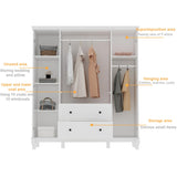 ECACAD 4 Door Wardrobe Closet Armoire with 2 Drawers, Multi-Tier Storage Shelves & Hanging Rods, 63”W Wooden Clothes Storage Cabinet with Solid Legs for Bedroom, White ECACAD