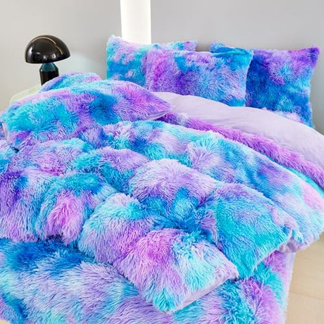 SUCSES Blue Purple Fluffy Twin Bedding Sets for Girls 3Pcs Faux Fur Plush Shaggy Kids Duvet Cover Set Twin Size Tie Dye Velvet Furry Comforter Cover Set SUCSES