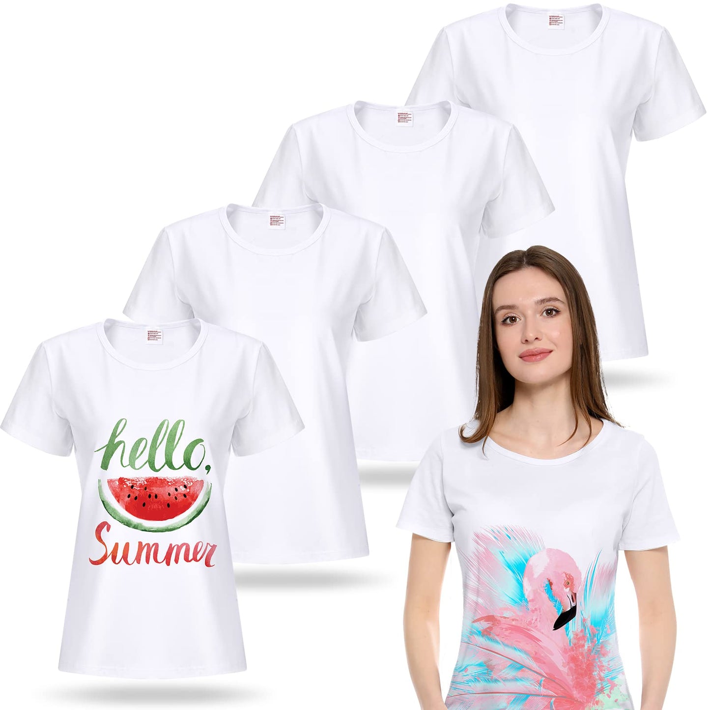 5 Pieces Women Sublimation Blank T-Shirt Basic White Polyester Shirts Sublimation Short Sleeve T-Shirt for Women (Medium)