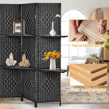 Room Divider Folding Portable Privacy Wooden Screen 4 Panel Partition Wall Indoor/Outdoor Folding Screen w/Dual-Sided Hinges & 2 Removable Display Shelves for Home Office, Black Dkeli