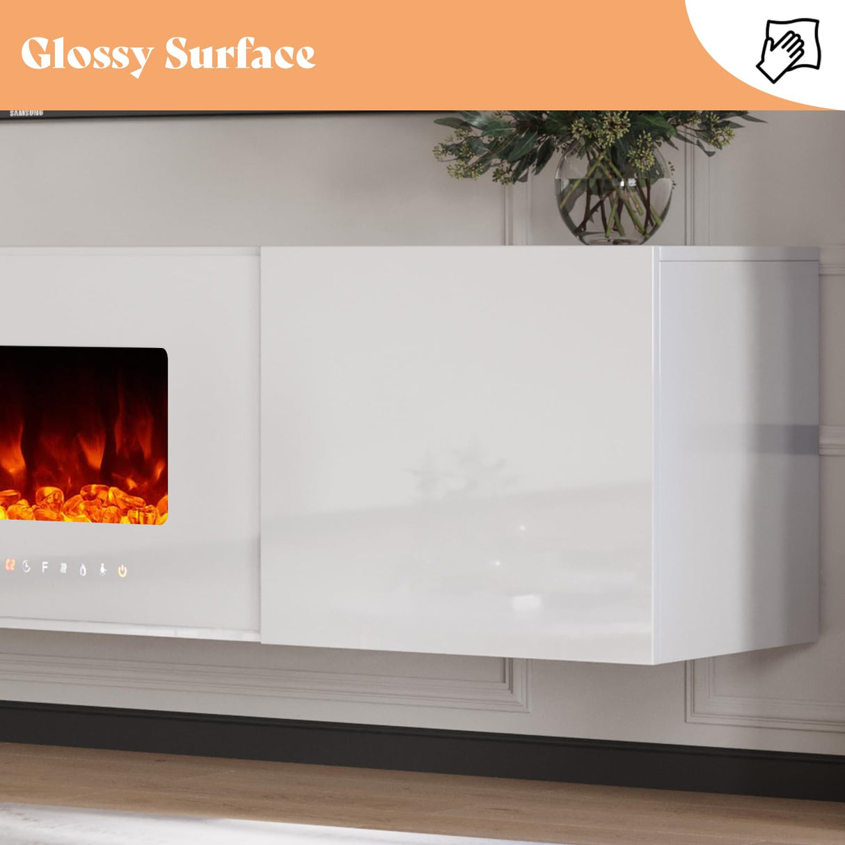 AMERLIFE Floating Fireplace TV Stand, Wall Mounted Mirrored Entertainment Center with 40" Electric Fireplace, Modern LED Lights Media Console for TVs Up to 90", All White AMERLIFE