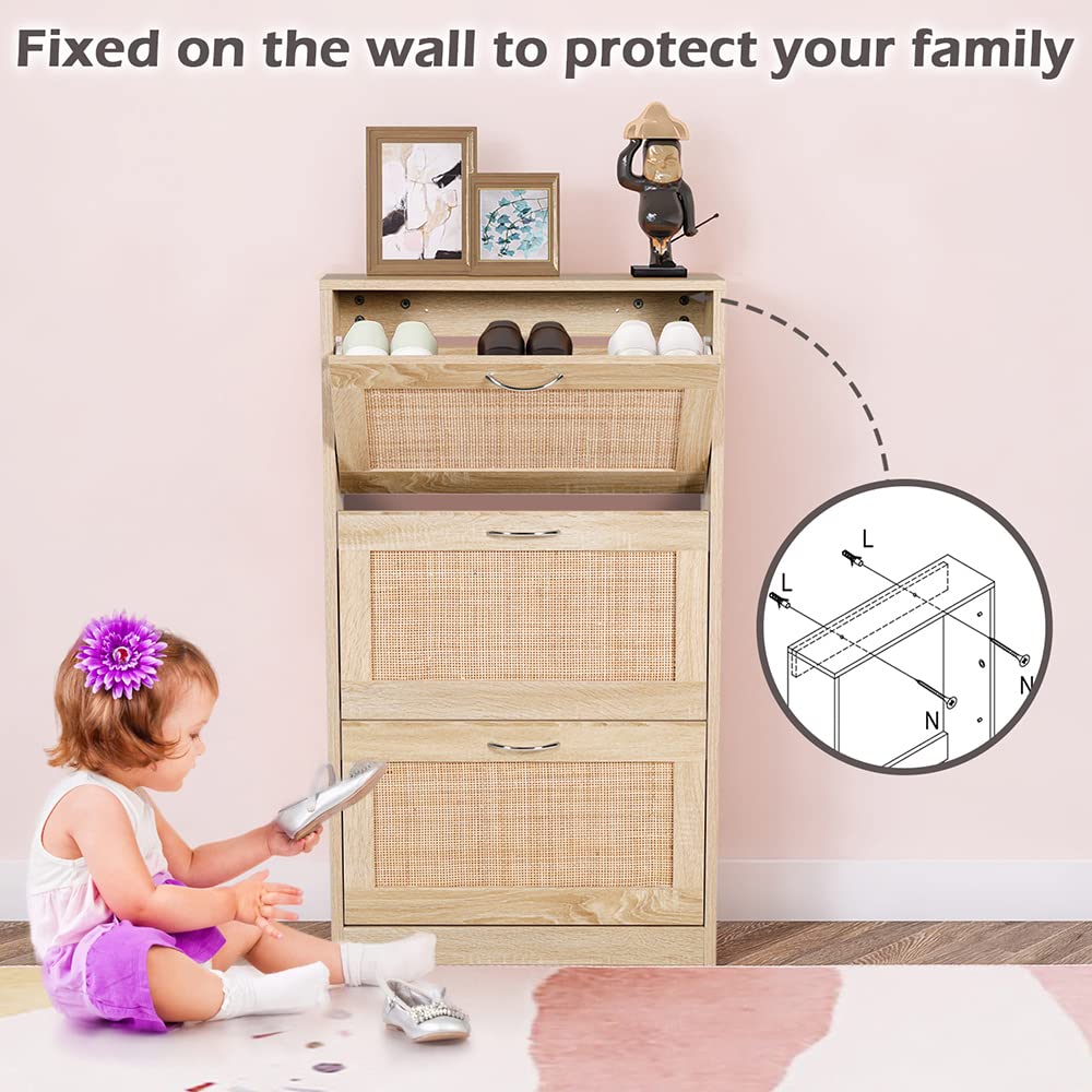 HOPUBUY Shoe Cabinet for Entryway, Narrow Shoe Storage Cabinet, Hidden Rattan Shoe Cabinet Wood 3 Tier Slim Shoe Rack for Home and Apartment, Nature HOPUBUY