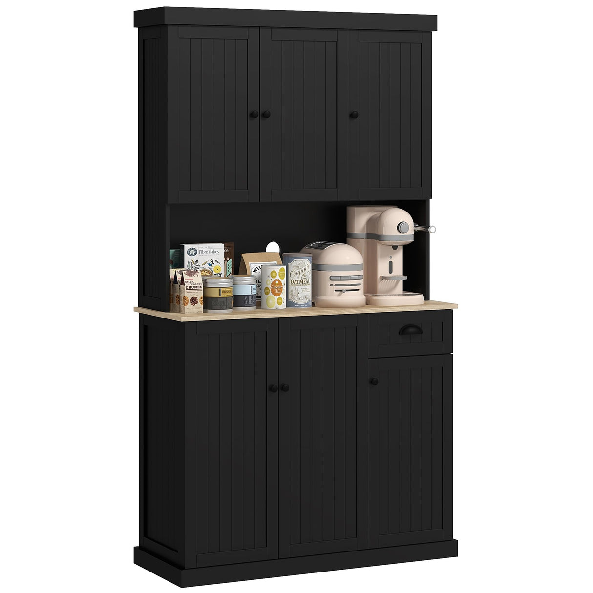 HOMCOM 71" Buffet with Hutch, Modern Farmhouse Kitchen Pantry Storage Cabinet with Microwave Oven Countertop, Drawer, and Cupboard, Black HOMCOM