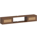 EROMMY Modern Rattan Floating TV Stand, Rectangular Wall-Mounted Floating Stand for TVs with Doors, Entertainment Center for Under TV Storage, 57 inch, Caramel Oak EROMMY