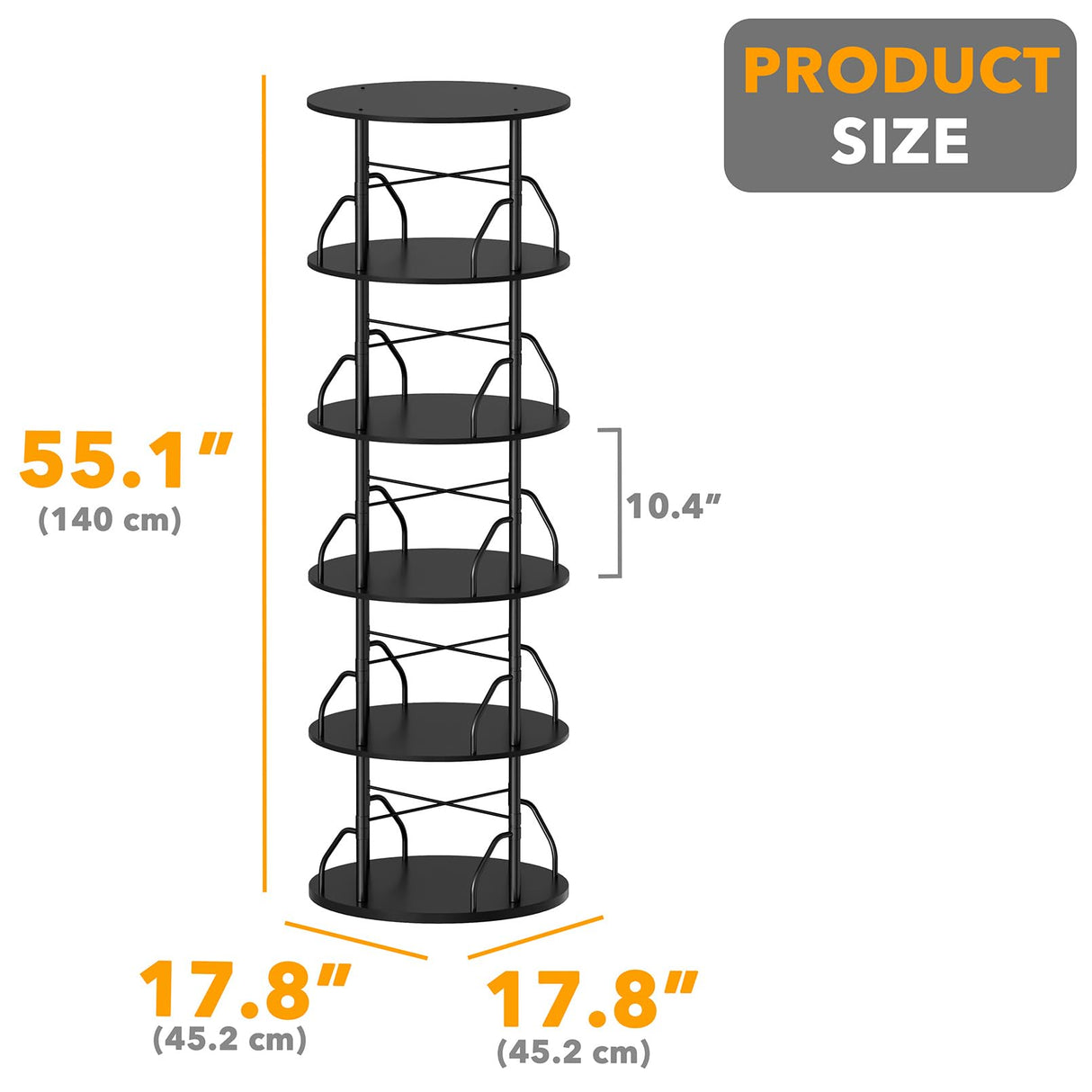 SpaceAid 5 Tier Rotating Bookshelf Tower, 360 Display Stackable Spinning Bookcase, Space Saving Revolving Round Book Shelf, Floor Standing Swivel Corner Organizer, Black SpaceAid
