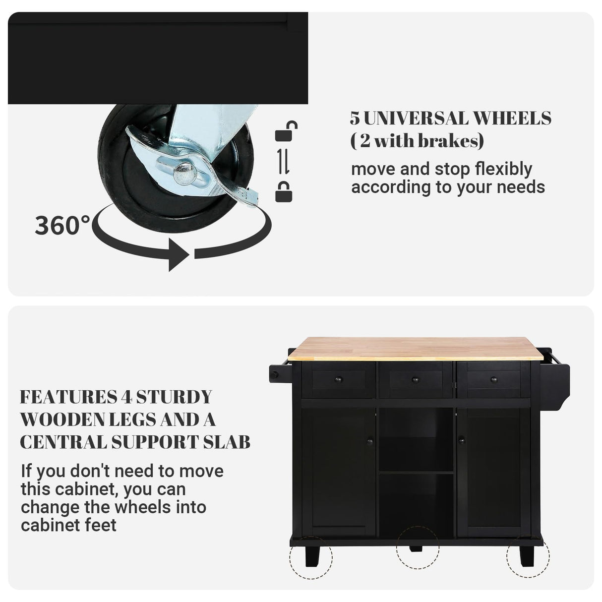 Rovibek 53in Mobile Kitchen Island with Drop Leaf, Storage Drawers, and Spice Rack in Jet Black Rovibek