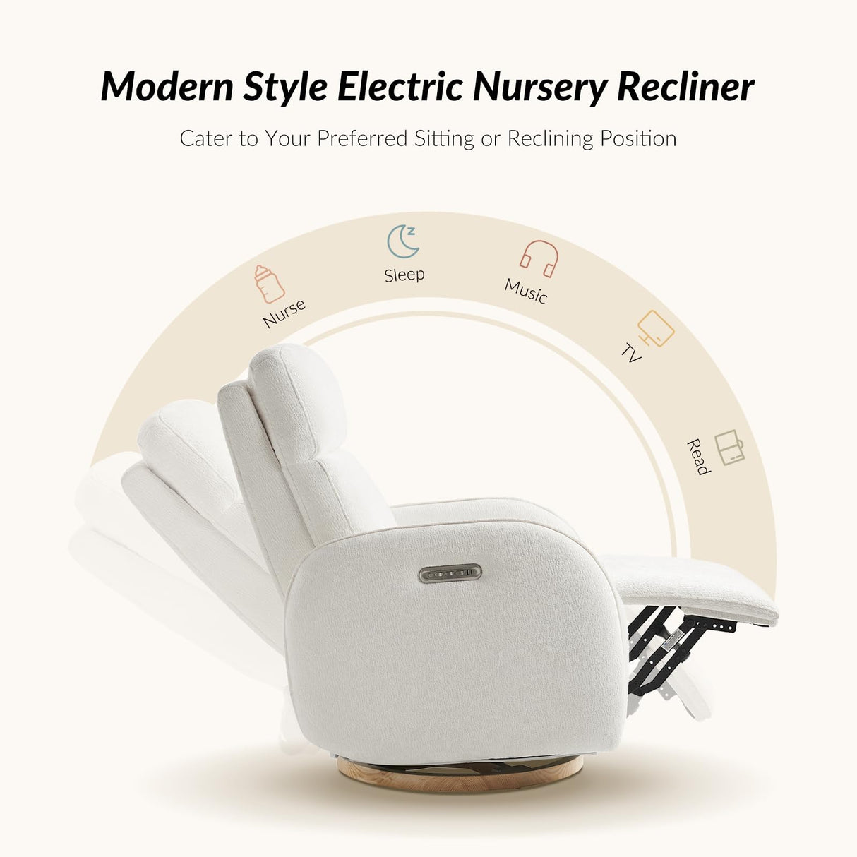 HULALA HOME Glider Recliner Nursery Chair with Adjustable Headrest and Lumbar Support, Modern Power Recliner with USB Port and Nightlight, Swivel Rocker Glider for Nursing Room Bedroom, White HULALA HOME