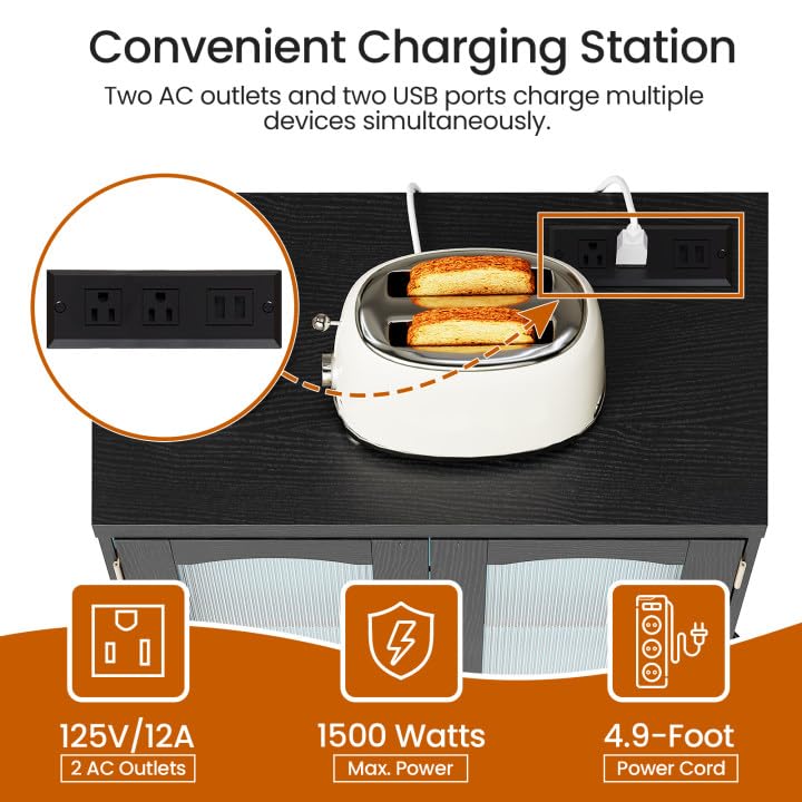 HOOBRO Kitchen Pantry Cabinet, Pantry Cabinet with Cup Holders and Wine Rack, Pantry Storage Cabinet with Charging Station and LED Lights, Pantry with Drawers for Dining Room, Black and Gold HOOBRO