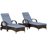 Outsunny Wicker Outdoor Chaise Lounge Set of 2, 5-Level Adjustable Backrest PE Rattan Pool Lounge Chair with Wheels, Cushion & Headrest, Brown and Gray Outsunny
