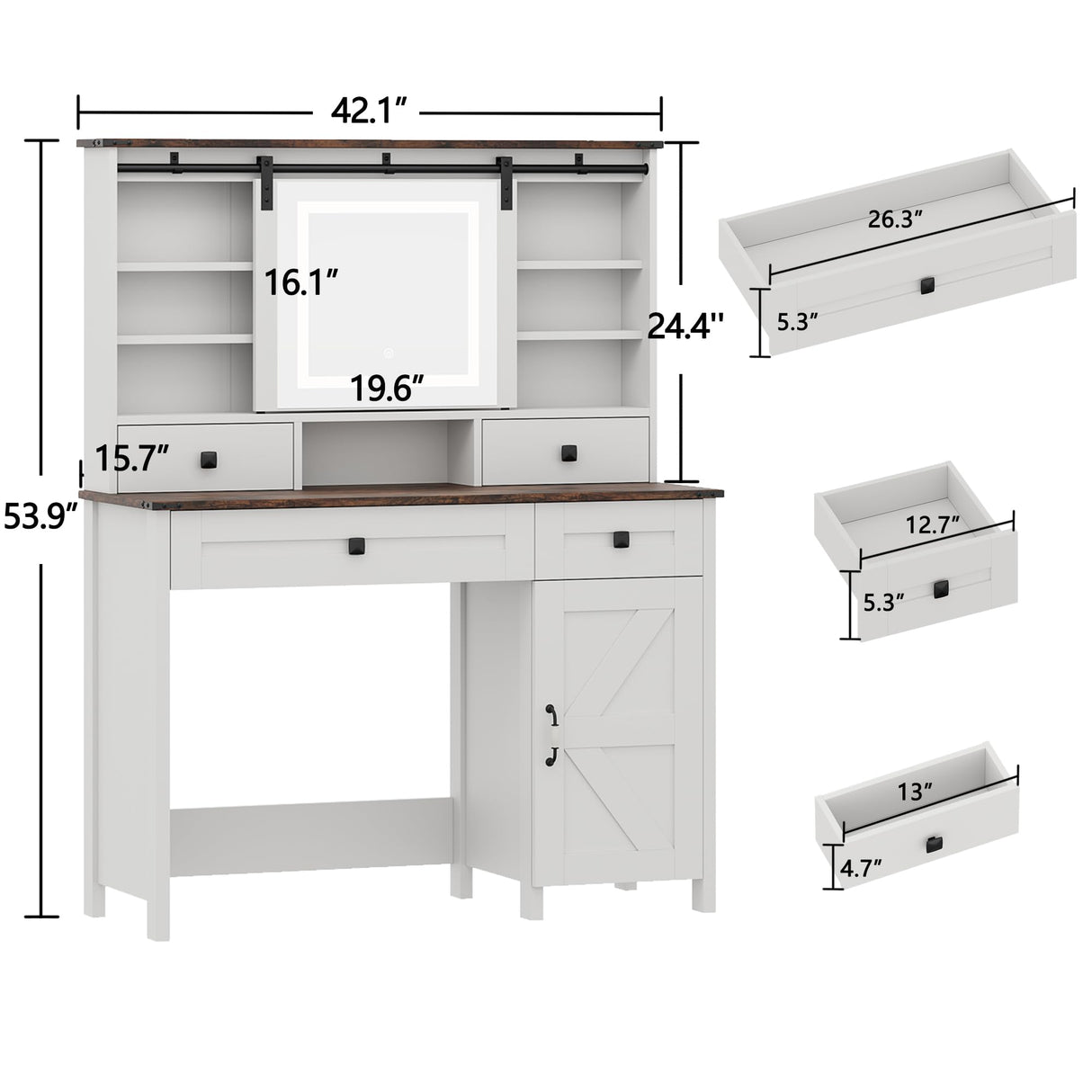White Vanity with 4 Drawers & Shelves, 42.1'' Farmhouse Makeup Vanity Desk Featuring a Sliding Mirror and Lights, a Rustic Big Vanity Set Suitable for The Bedroom. wanan