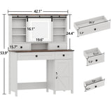 White Vanity with 4 Drawers & Shelves, 42.1'' Farmhouse Makeup Vanity Desk Featuring a Sliding Mirror and Lights, a Rustic Big Vanity Set Suitable for The Bedroom. wanan