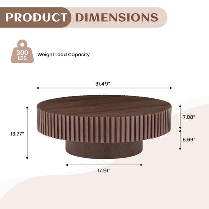 31.49" Walnut Coffee Table Round Wood, Modern Unique Fluted Coffee Table, Contemporary Drum Circle Coffee Table Accent Tea Table Center Table for Living Room, Small Space, Apartment