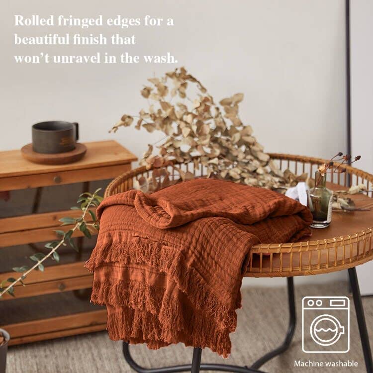 Simple&Opulence Cotton Muslin Throw Blanket for Bed, Couch, Knit Woven Gauze Blanket with Tassels, Soft Lightweight Cozy Pre-Washed Breathable Farmhouse Decoration for All-Season (Rust Orange) Simple&Opulence
