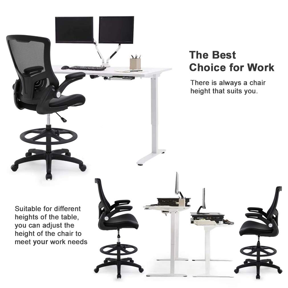 Drafting Chair Ergonomic Tall Office Chair Standing Desk Chair with Flip Up Arms Foot Rest Back Support Adjustable Height Mesh Drafting Stool, Black - WoodArtSupply