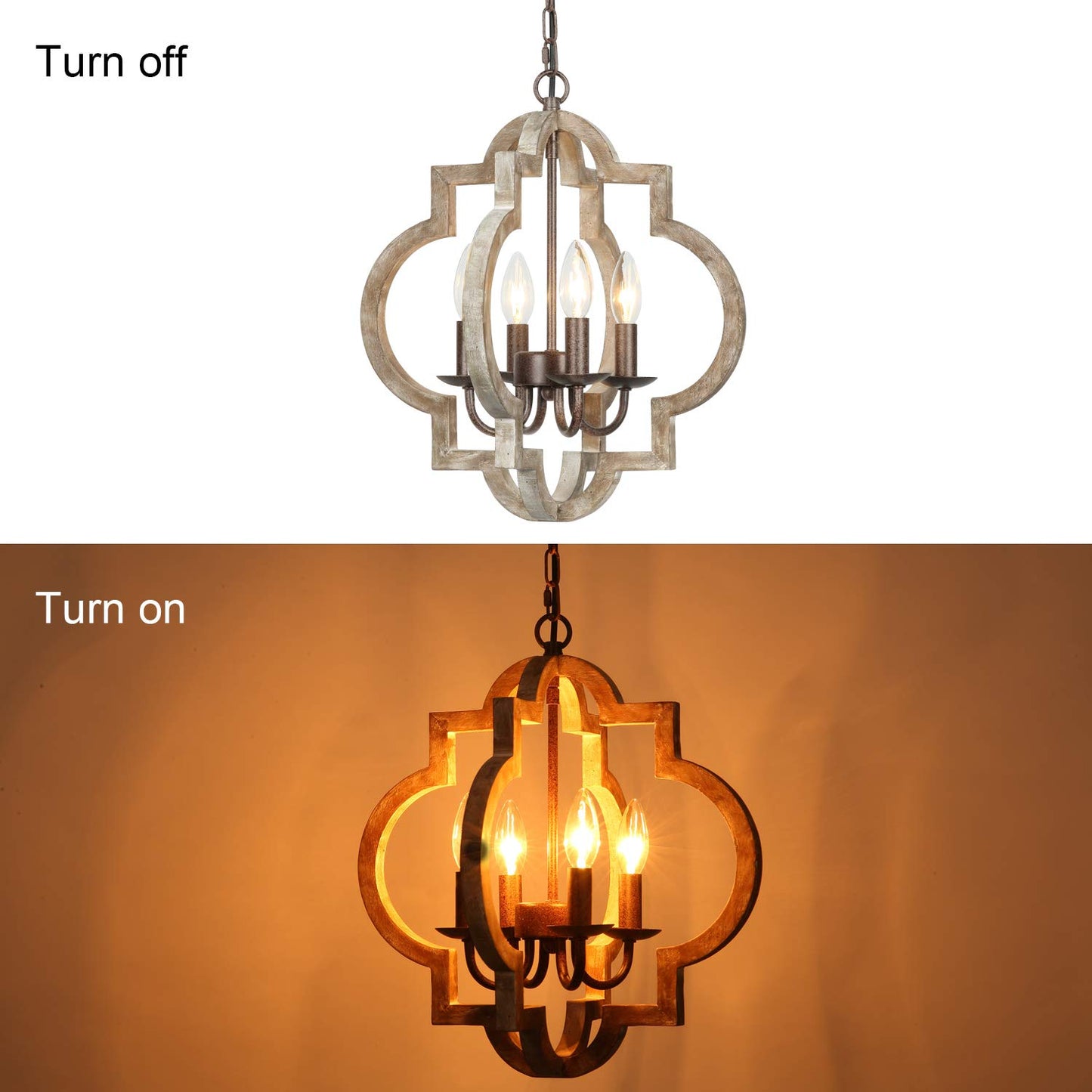 T&A Farmhouse Orb 4 Lights Chandelier, Handmade Wood Brown Light Fixture for Kitchen Island Entryway Foyer Dining Room - WoodArtSupply