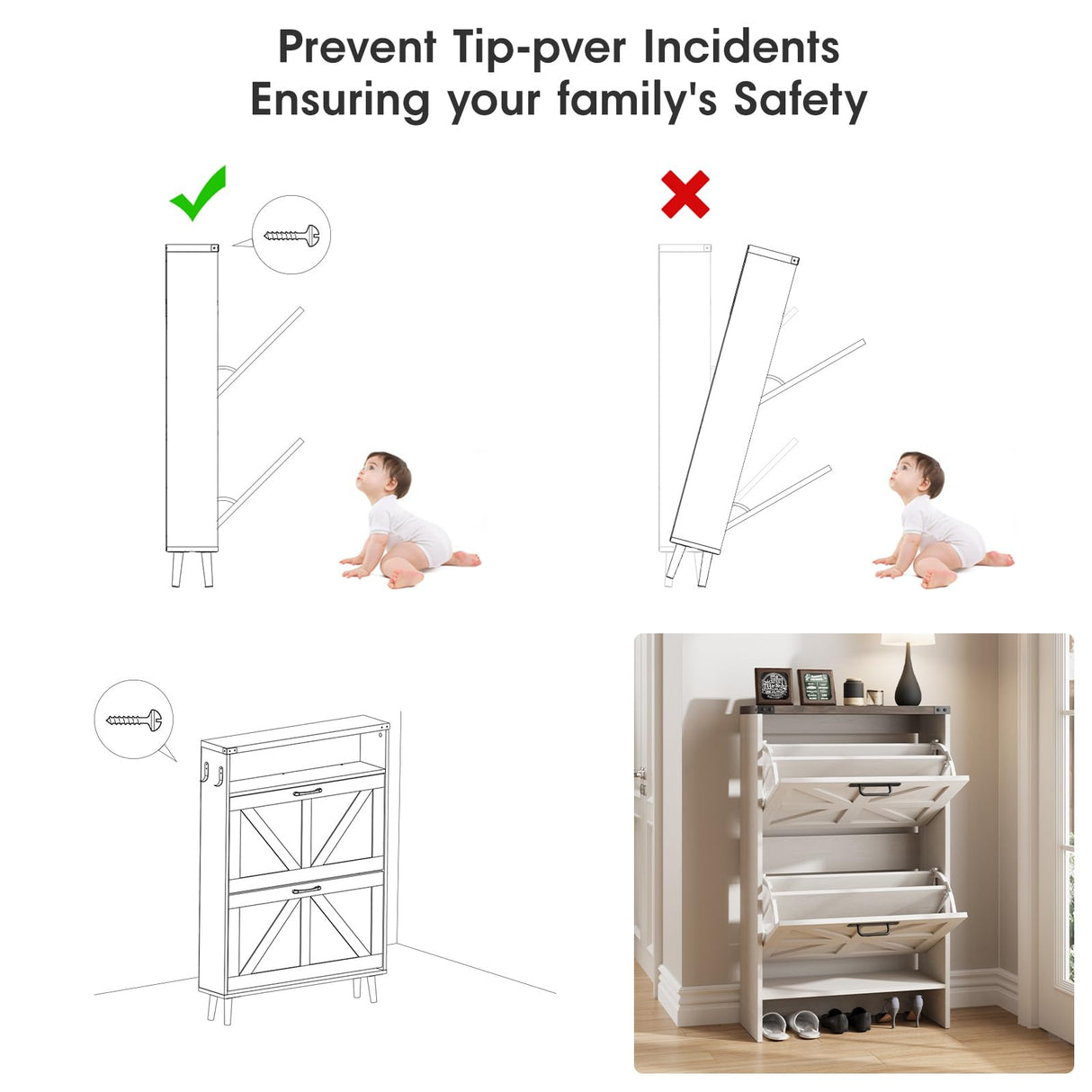 Halitaa Shoe Storage Cabinet for Entryway,Farmhouse Slim Shoe Cabinet with 2 Flip Drawers,Narrow Shoe Rack Cabinet for Entrance Hidden Shoes,White Halitaa