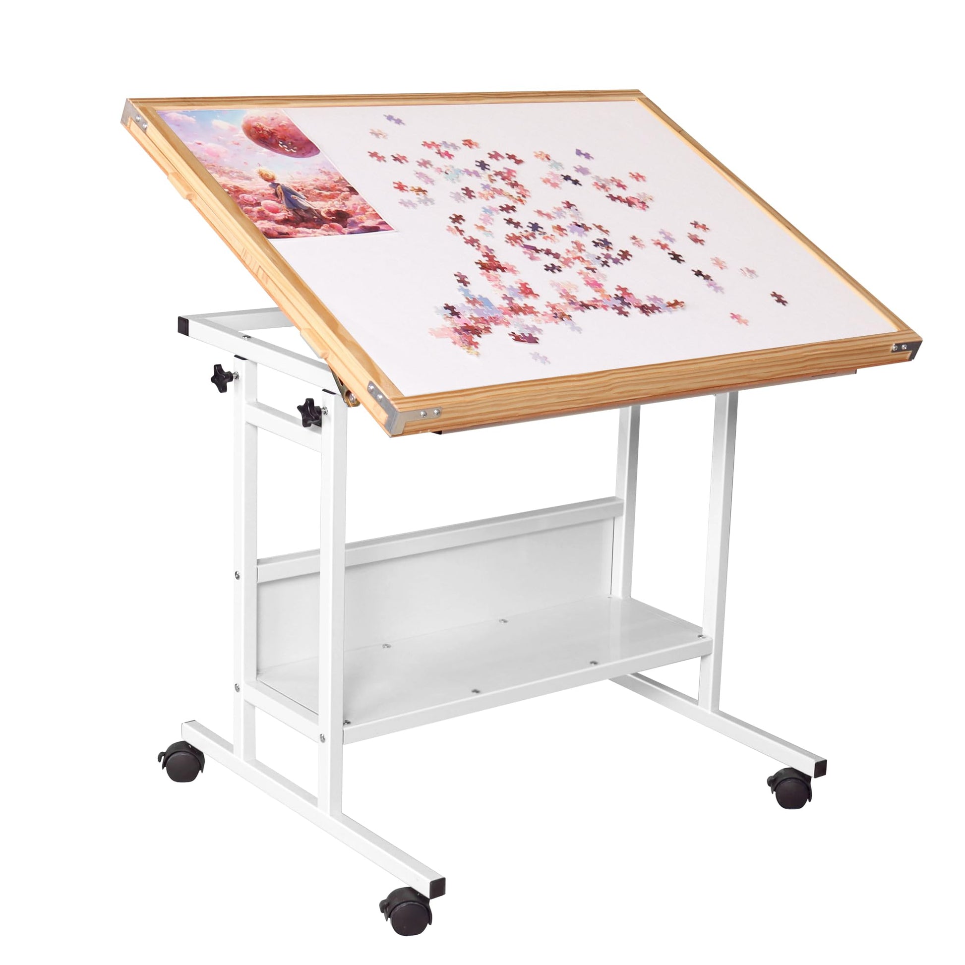 Mifuro 1500 PCS Puzzle Table/w Built-in Whiteboard， 26"x35" Height Adjustable Jigsaw Wooden Puzzle Board with Drawers and Wheels，5-Tilting-Angle Enclosed Jigsaw Puzzle Desk for Adults，White - WoodArtSupply