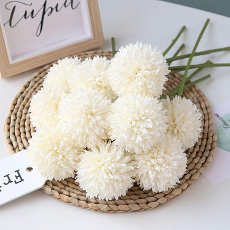 Artificial Flowers Chrysanthemum Ball Flowers Bouquet 10pcs Present for Important People Glorious Moral for Home Office Coffee House Parties and Wedding(Milk White) HoYuanFlo