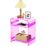 Acrylic End Table Record Player Table with Storage Shelf Clear Side Table Nightstand (15.7x19.7x11.8)(Pink) Acrylicolor