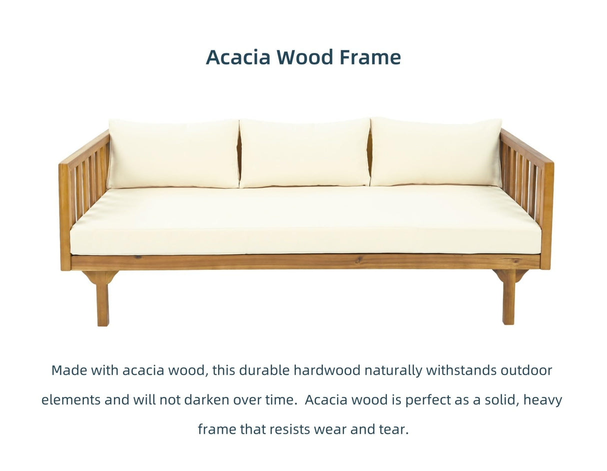 Merax Outdoor Acacia Wood Daybed, 3 Seater Day Bed Couch Sofa with Water Resistant Cushions for Patio Backyard, Garden Furniture, Beige Merax