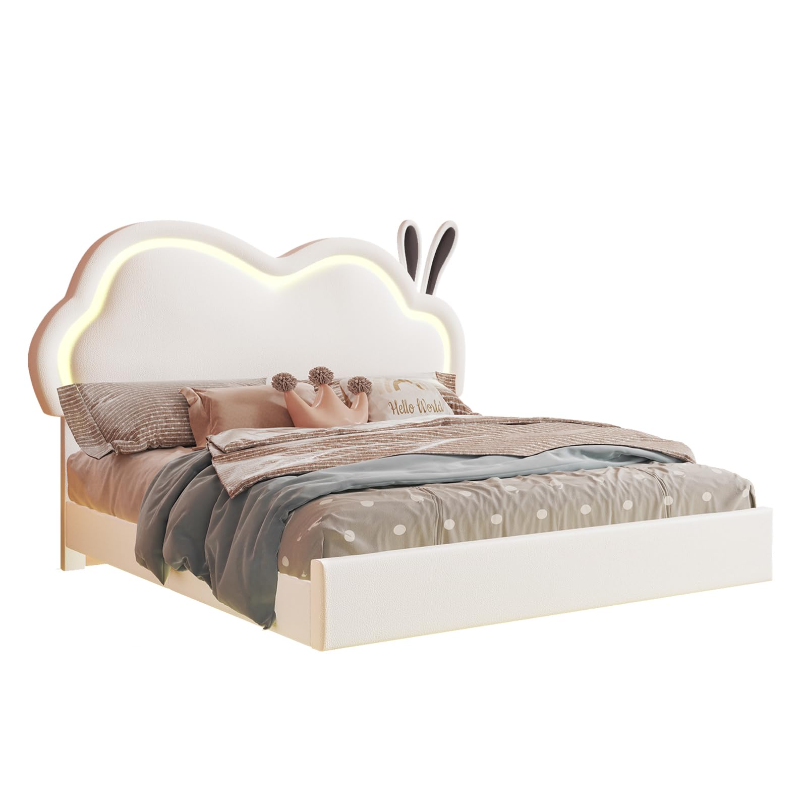 Jocisland White LED Upholstered Full Bed Frame with Cloud Headboard for Girls - WoodArtSupply