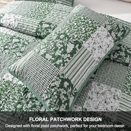 Mybedsoul Green Quilt Set Full Size, 3 Pieces Plaid Floral Bedspread Set Patchwork Reversible Bedding Set Microfiber Lightweight Bedspread Coverlet Set for All Season 78"x90" Mybedsoul