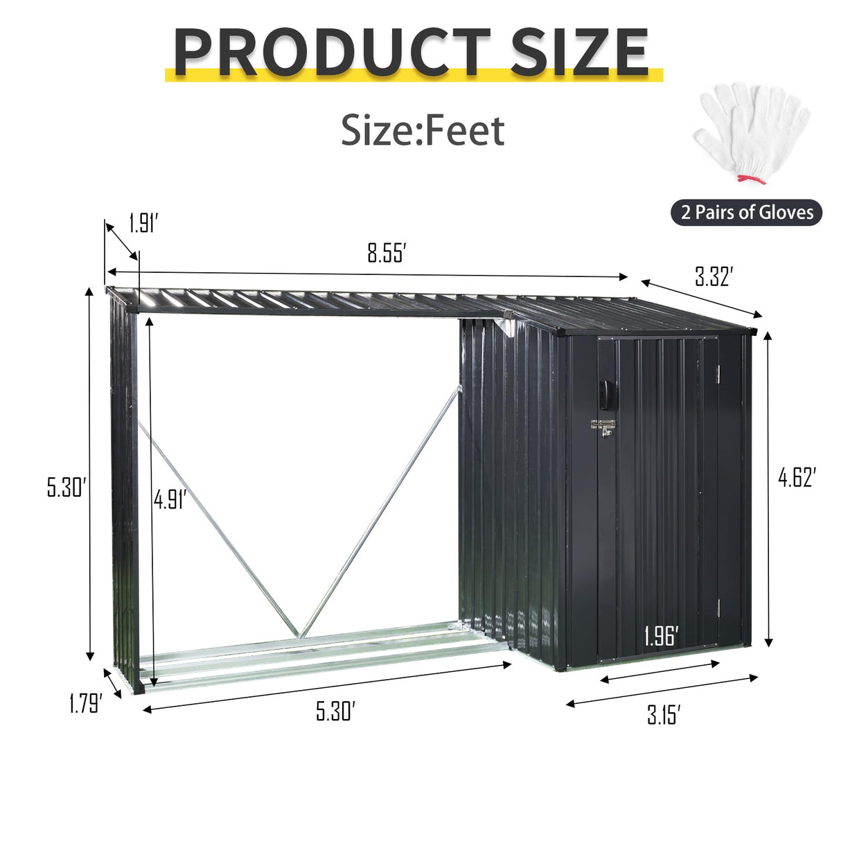 YOPTO 106.5" Outdoor Steel Firewood Rack Metal Storage Shed with Door and Reinforced Base,Multi-Functional 2 in 1 Waterproof Cabinet W/Roof,for Equipment Machines,Black YOPTO