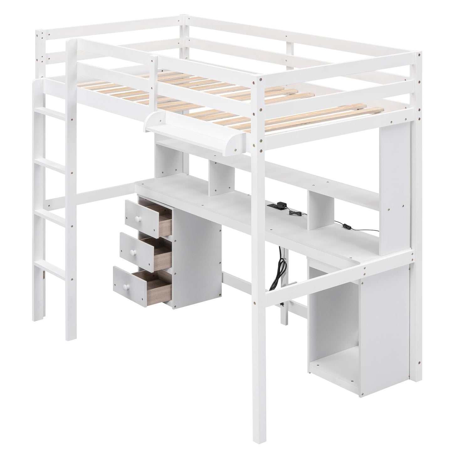 Harper & Bright Designs White Twin Loft Bed with Desk, LED Light, Charging Station and Storage Solutions - WoodArtSupply