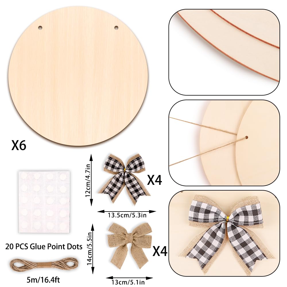 DIYDEC 6 Pack Round Wood for Crafts 12 Inch Unfinished Wood Slices Blank Wooden Door Hanger Sign Wooden Circles Discs with Bows Twine Glue Point for DIY Crafts Painting Christmas Home Holiday Decor DIYDEC