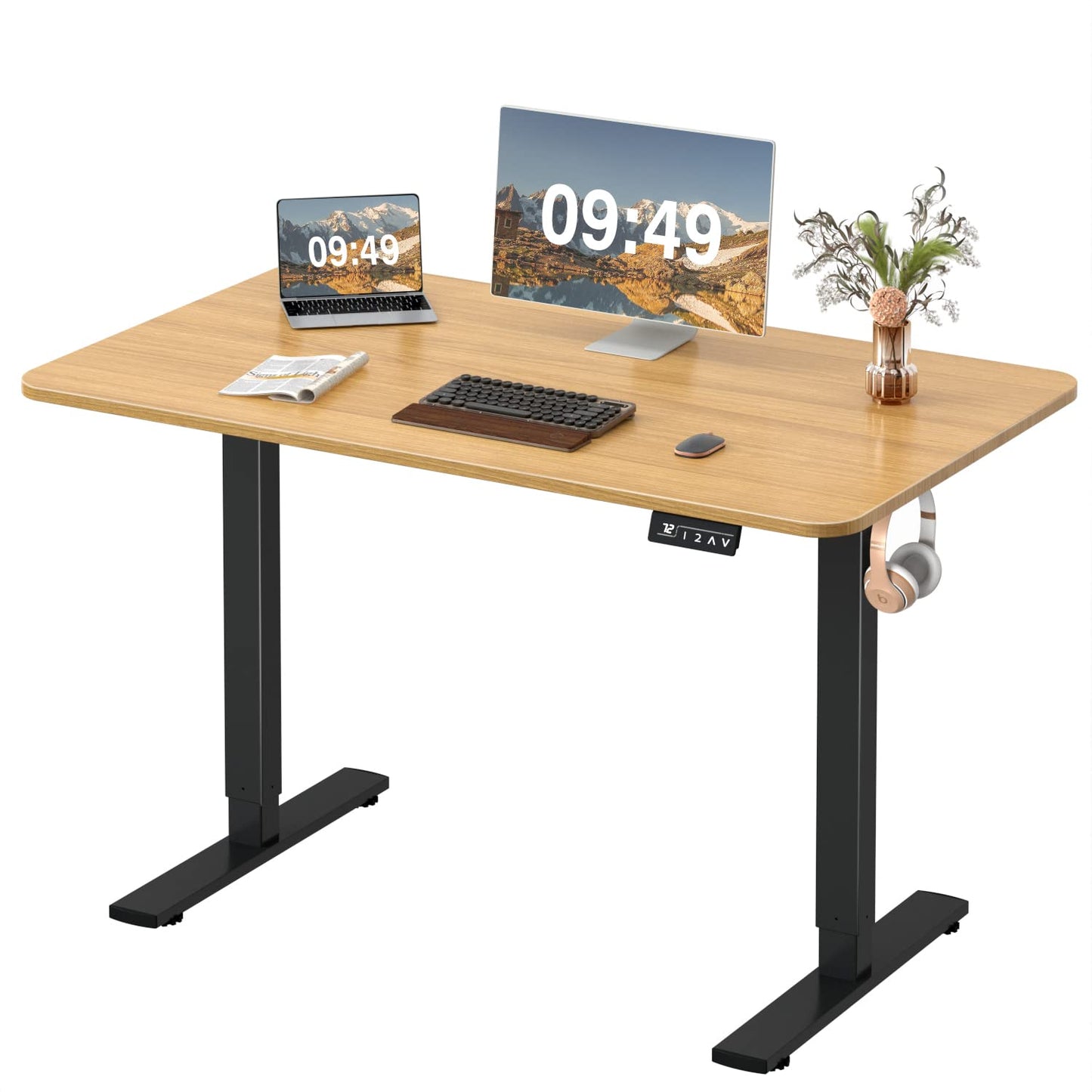 Furmax Electric Height Adjustable Standing Desk Large 48 x 24 Inches Sit Stand up Desk Home Office Computer Desk Memory Preset with T-Shaped Metal Bracket, Maple - WoodArtSupply