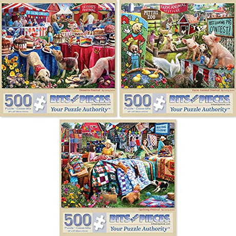 Bits and Pieces – Value Set of Three Jigsaw Puzzles for Adults – Desserts, Farm Animals & Quilting Festival by Larry Jones – Random Die-Cut Pieces, Recycled Cardboard (Three 500 Piece Puzzles) Bits and Pieces